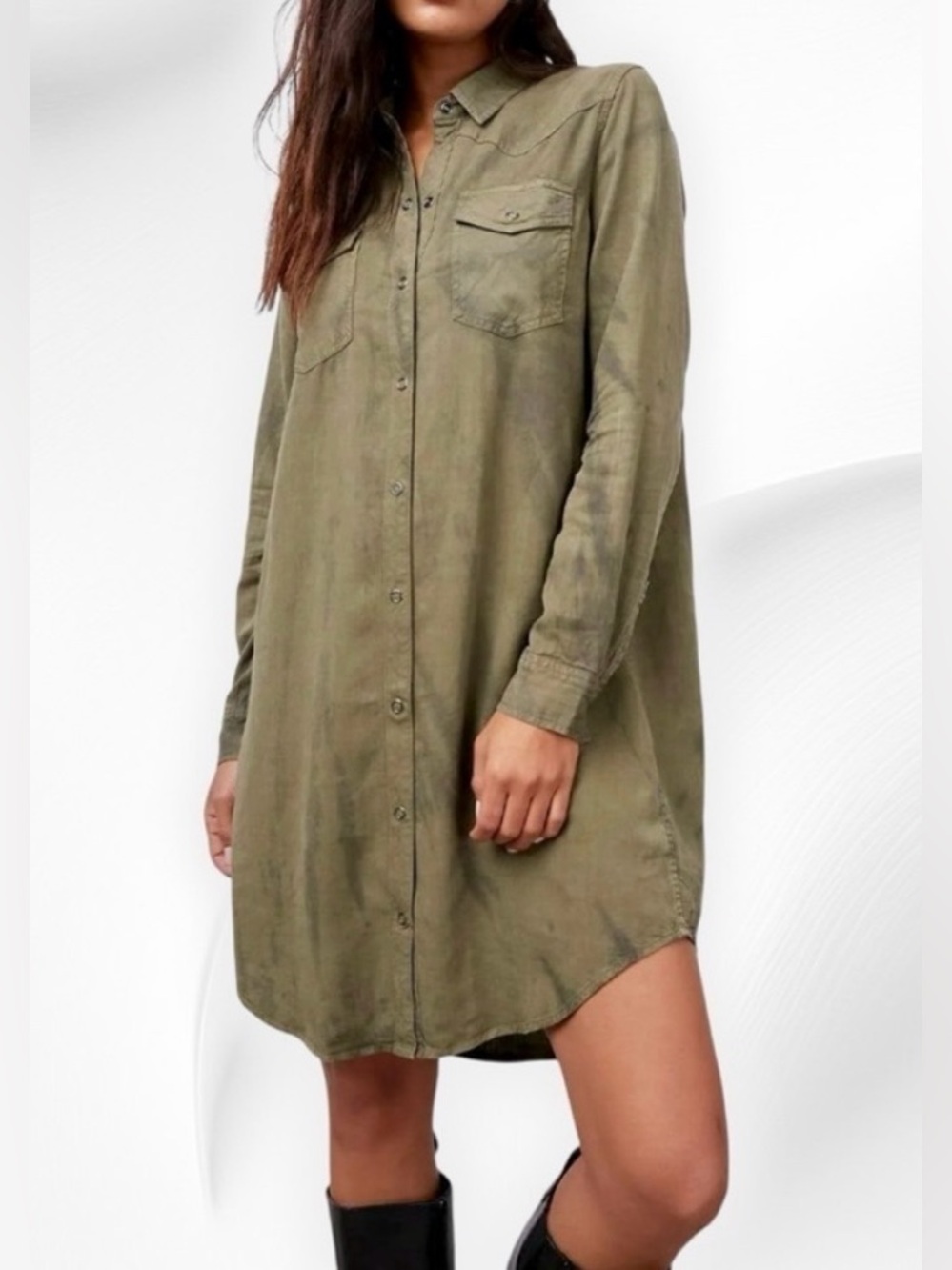 Rails Olive Green and Black Tie Dye Button-Front Shirt Dress - Size XS